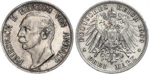 3 Mark Anhalt-Dessau (1603 -1863) Argento Federico II di Anhalt(1856 – 1918)