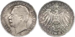 3 Mark Gran Ducado de Baden (1806-1918) Plata Federico II de Baden (1857 - 1928)