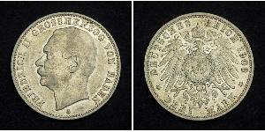 3 Mark Gran Ducado de Baden (1806-1918) Plata Federico II de Baden (1857 - 1928)