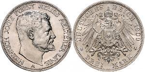 3 Mark Principado de Reuss (línea mayor) (1778 - 1918) Plata Enrique XXIV de Reuss-Greiz