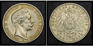 3 Mark Reino de Prusia (1701-1918) Plata Wilhelm II, German Emperor (1859-1941)