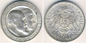 3 Mark Reino de Wurtemberg (1806-1918) Plata Wilhelm II, German Emperor (1859-1941)