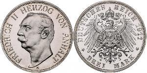 3 Mark Anhalt-Dessau (1603 -1863) Silver Friedrich II, Duke of Anhalt (1856 – 1918)