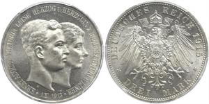 3 Mark Duchy of Brunswick (1815 - 1918) Silver Ernest Augustus, Duke of Brunswick (1887 - 1953)
