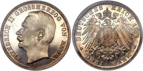 3 Mark Grand Duchy of Baden (1806-1918) Silver Frederick II, Grand Duke of Baden (1857 - 1928)