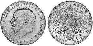 3 Mark Kingdom of Bavaria (1806 - 1918) Silver Ludwig III of Bavaria (1845 – 1921)