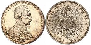 3 Mark Kingdom of Prussia (1701-1918) Silver Wilhelm II, German Emperor (1859-1941)