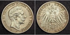 3 Mark Kingdom of Prussia (1701-1918) Silver Wilhelm II, German Emperor (1859-1941)