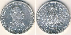 3 Mark Kingdom of Prussia (1701-1918) Silver Wilhelm II, German Emperor (1859-1941)