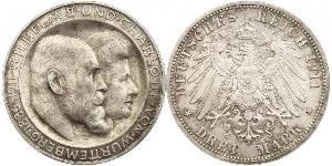 3 Mark Kingdom of Württemberg (1806-1918) Silver Wilhelm II, German Emperor (1859-1941)