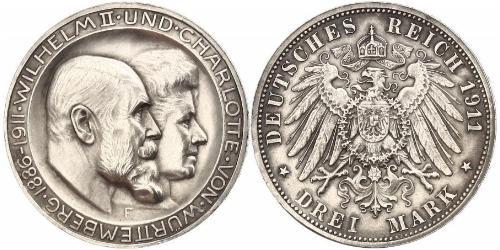 3 Mark Kingdom of Württemberg (1806-1918) Silver Wilhelm II, German Emperor (1859-1941)
