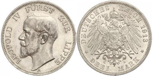 3 Mark Principality of Lippe (1123 - 1918) Silver Leopold IV, Prince of Lippe