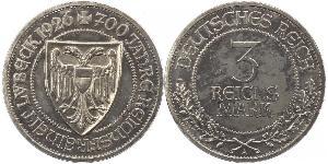 3 Mark Free City of Lübeck 銀 