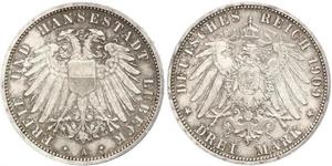 3 Mark Free City of Lübeck 銀 