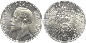 3 Mark 利珀親王國 (1123 - 1918) 銀 Leopold IV, Prince of Lippe