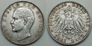3 Mark 巴伐利亞王國 (1806 - 1918) 銀 奥托 (巴伐利亚国王)