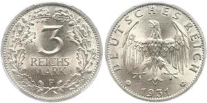 3 Mark / 3 Reichsmark 魏瑪共和國 (1919 - 1933) 銀 