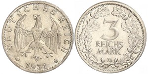 3 Mark / 3 Reichsmark 魏瑪共和國 (1919 - 1933) 銀 