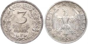 3 Mark / 3 Reichsmark 魏瑪共和國 (1919 - 1933) 銀 