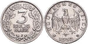 3 Mark / 3 Reichsmark 魏瑪共和國 (1919 - 1933) 銀 