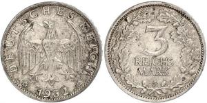 3 Mark / 3 Reichsmark 魏瑪共和國 (1919 - 1933) 銀 