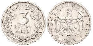 3 Mark / 3 Reichsmark 魏瑪共和國 (1919 - 1933) 銀 