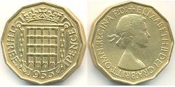 3 Penny Feriind Kiningrik (1922-) Bronze Elizabeth II (1926-2022)