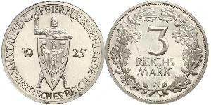 3 Reichsmark Веймарская республика (1918-1933) Серебро 