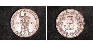 3 Reichsmark Веймарская республика (1918-1933) Серебро 