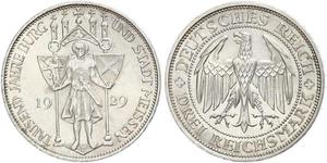 3 Reichsmark Веймарская республика (1918-1933) Серебро 