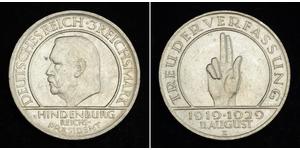 3 Reichsmark Веймарська республіка (1918-1933) Срібло Пауль фон Гінденбург