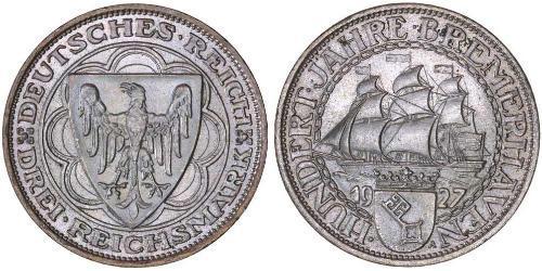 3 Reichsmark Веймарська республіка (1918-1933) Срібло 
