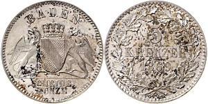 3 Крейцер Велике герцогство Баден (1806-1918) Срібло Frederick I, Grand Duke of Baden (1826 - 1907)