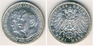 3 Марка Ангальт-Дессау (1603 -1863) Серебро Фридрих II, герцог Ангальта(1856 – 1918)