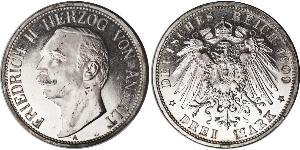 3 Марка Ангальт-Дессау (1603 -1863) Серебро Фридрих II, герцог Ангальта(1856 – 1918)