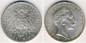 3 Марка Пруссия (королевство) (1701-1918) Серебро Wilhelm II, German Emperor (1859-1941)