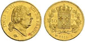 40 Franc Kingdom of France (1815-1830) Oro Luigi XVIII di Francia (1755-1824)