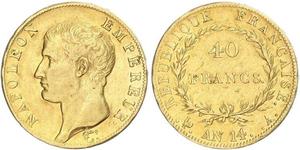 40 Франк Первая Французская империя (1804-1814) Золото Наполеон I(1769 - 1821)
