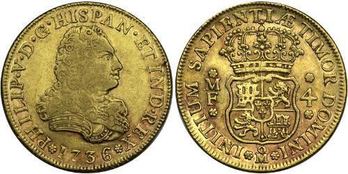 4 Escudo Vicereame della Nuova Spagna (1519 - 1821) Oro Filippo V di Spagna (1683-1746)