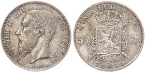 50 Centime Belgio Argento Leopold II (1835 - 1909)