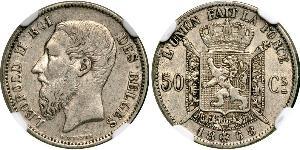 50 Centime Belgio Argento Leopold II (1835 - 1909)