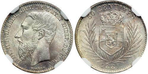 50 Centime Estado Libre del Congo (1885 - 1908) Plata Leopold II (1835 - 1909)