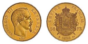 50 Franc Second French Empire (1852-1870) Gold Napoleon III (1808-1873)