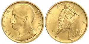 50 Lira Kingdom of Italy (1861-1946) Oro Vittorio Emanuele III (1869 - 1947)