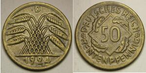 50 Pfennig / 50 Reichpfennig Weimar Republic (1918-1933) Brass 