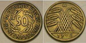 50 Pfennig / 50 Reichpfennig République de Weimar (1918-1933) Laiton 