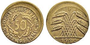50 Pfennig / 50 Reichpfennig Weimarer Republik (1918-1933) Messing 