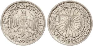 50 Pfennig / 50 Reichpfennig Repubblica di Weimar (1918-1933) Rame/Nichel 