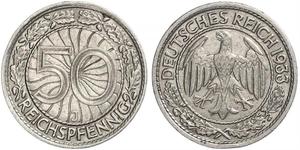 50 Pfennig / 50 Reichpfennig Repubblica di Weimar (1918-1933) Rame/Nichel 
