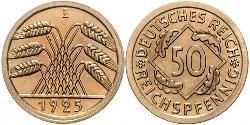 50 Pfennig / 50 Reichpfennig 魏瑪共和國 (1919 - 1933) 黃銅 